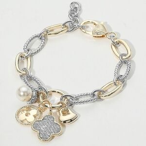 Two Tone CZ Quatrefoil Pendant Chain Link Dangle Charm Bracelet Silver Gold